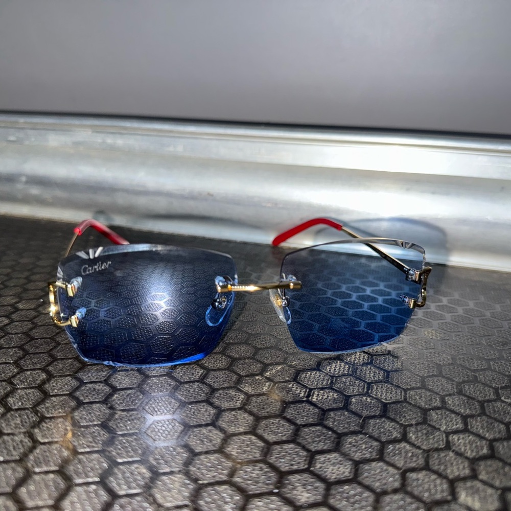 Cartier Gold and Blue Sunglasses with Red Accents